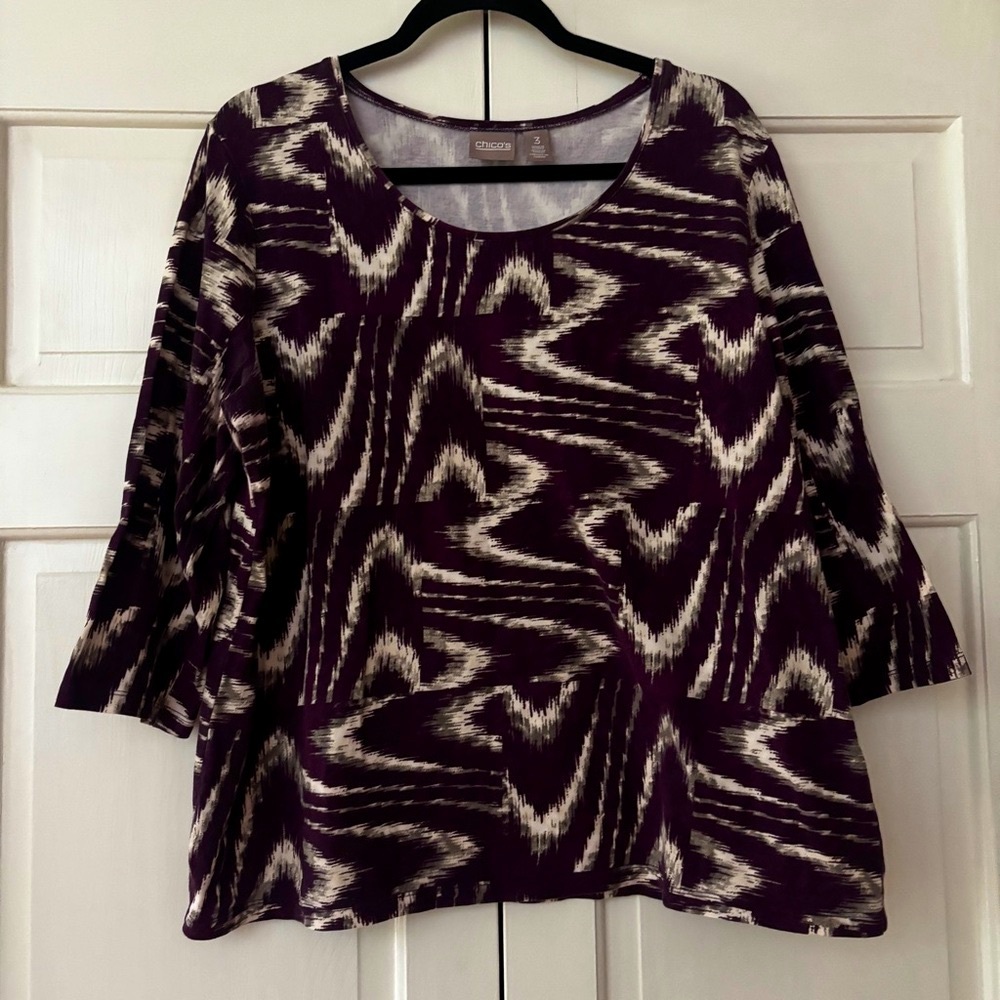 Chico's Size 3 Purple Gray‎ Swirl Abstract Graphic 3/4 Sleeve Blouse Chicos XL